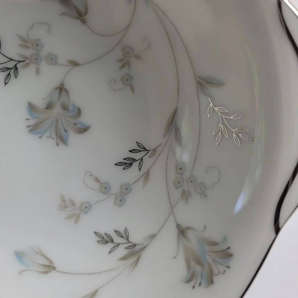 Noritake Valerie Lugged Soup Bowls Blue Gray Floral Platinum Trim #5812